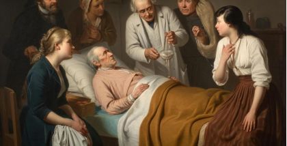 пожилой мужчина лежит на постели, а вокруг него стоят домочадцы и врач, держащий пиявок