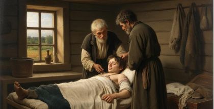 крестьянские сюжеты, одна из картин XIX века иллюстрирует применение пиявок крестьянами для облегчения болей и болезней