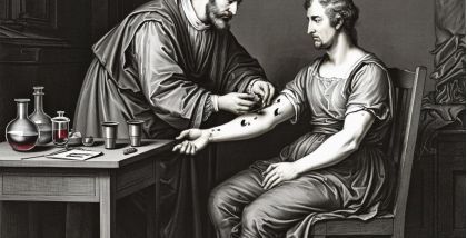 рисунок XVII века, демонстрирующий врача, применяющего пиявок для кровопускания пациенту
