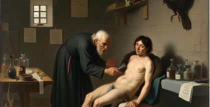 Художник создал сцену медицинской практики XVI века, где показано использование пиявок врачом